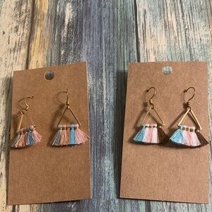 2 pairs Triangle Tassel Gold-tone Earrings with Pink and Blue Accents